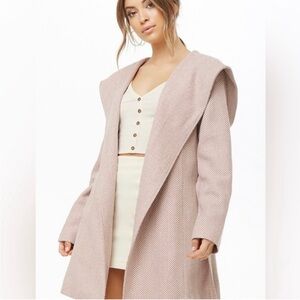 Medium Mauve Pink Chevron Belted Hooded Dress Coat Jacket NEW from Forever21